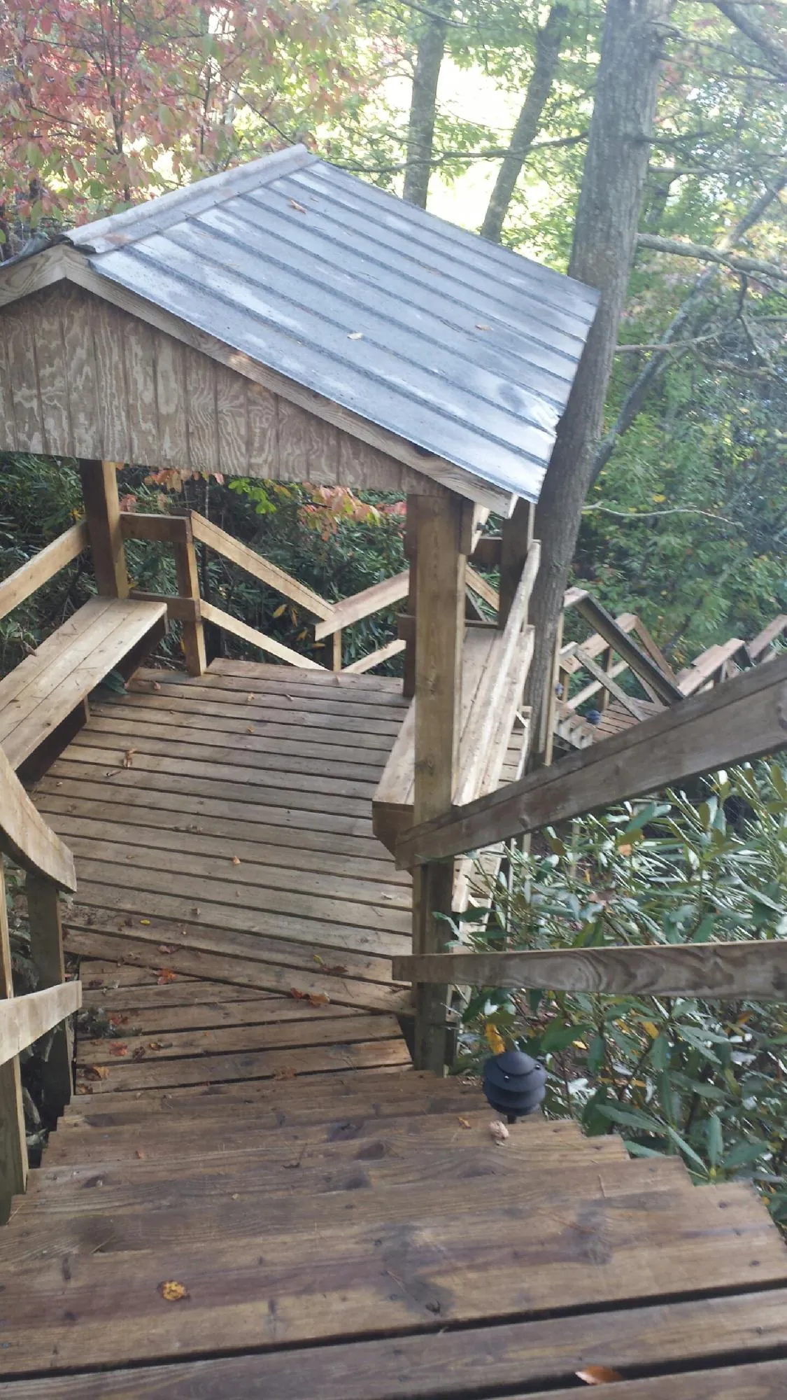 Metal roofed shelter over wooden steps on a wooded walkway — Skylight Repair & Installation work by our crew in Cornersville
